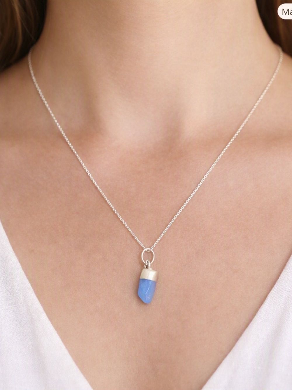 Sterling Silver Dyed Blue Agate Gemstone Pendant Necklace 16” Italy